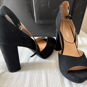 Sun + Stone Black Suede Block Heels